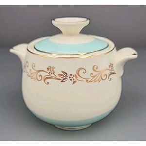 Vintage Lifetime China Gold Crown Covered Sugar Bowl Aqua Turquoise Gold Scroll